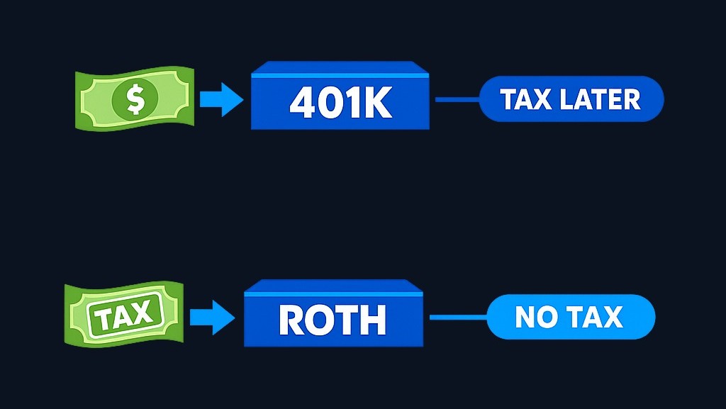Traditional 401(k) reduces taxable income now but taxes withdrawals later. Roth IRA uses after-tax money now for tax-free qualified