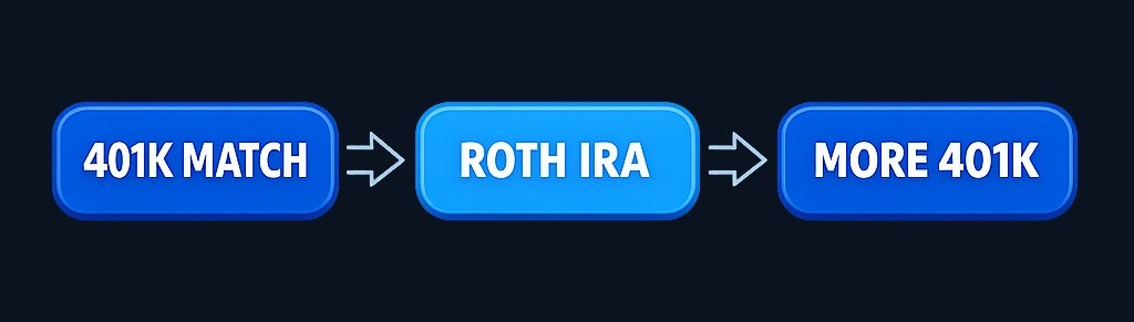 Example decision path: contribute enough to the 401(k) to capture the full employer match, then direct additional savings to a Roth IRA for tax diversification and flexibility.