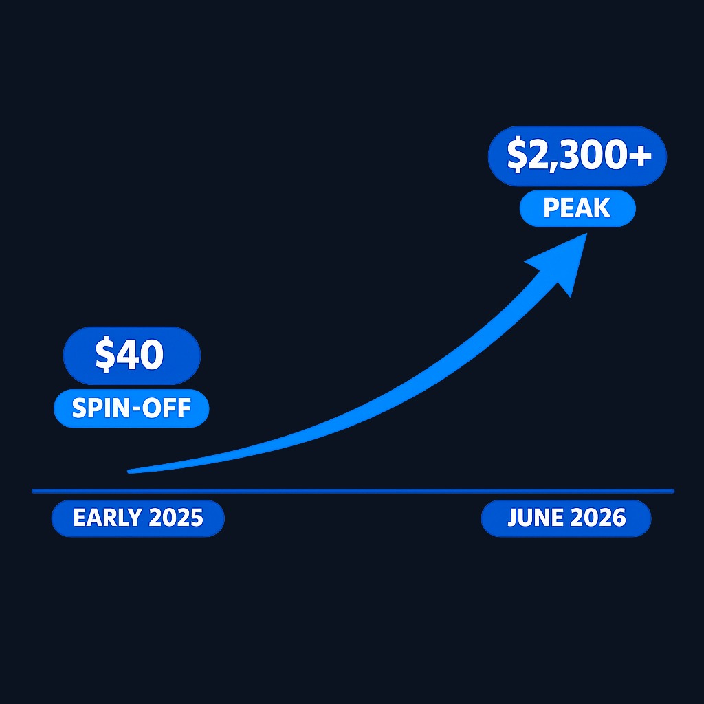 SanDisk's extraordinary 18-month journey: from a $40 spin-off in early 2025 to over $2,300 by June 2026 — a gain measured in thousands of percent before the crash began.