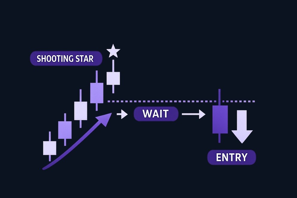Confirmation-based approach: After the shooting star closes, a trader waits. If the next session breaks below the star's low, that confirms