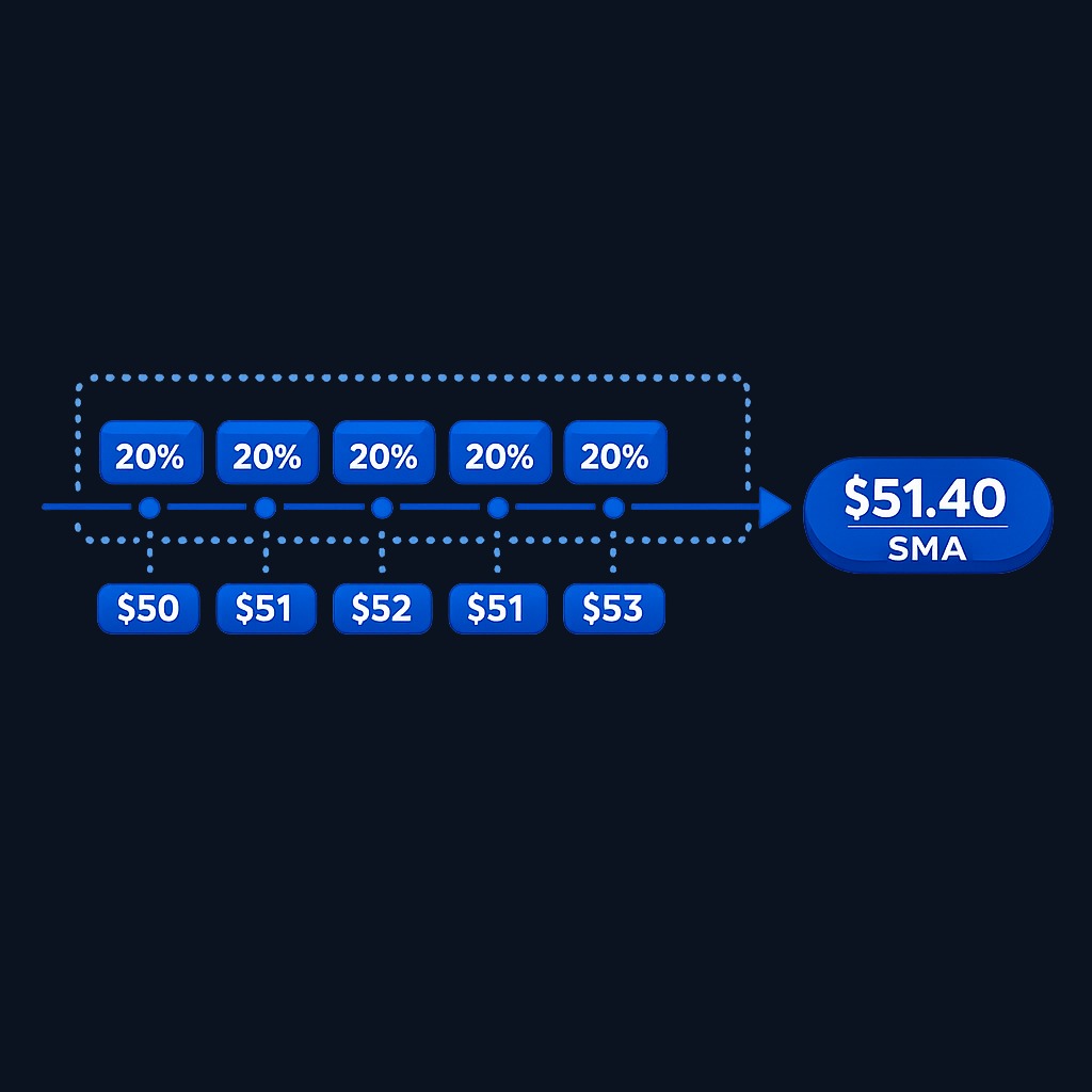 How an SMA processes data: each of the last N closes receives equal weight (1/N), creating a smooth line that lags price changes. When a new close enters, the oldest one drops out completely, sometimes causing abrupt shifts even when current price is stable.