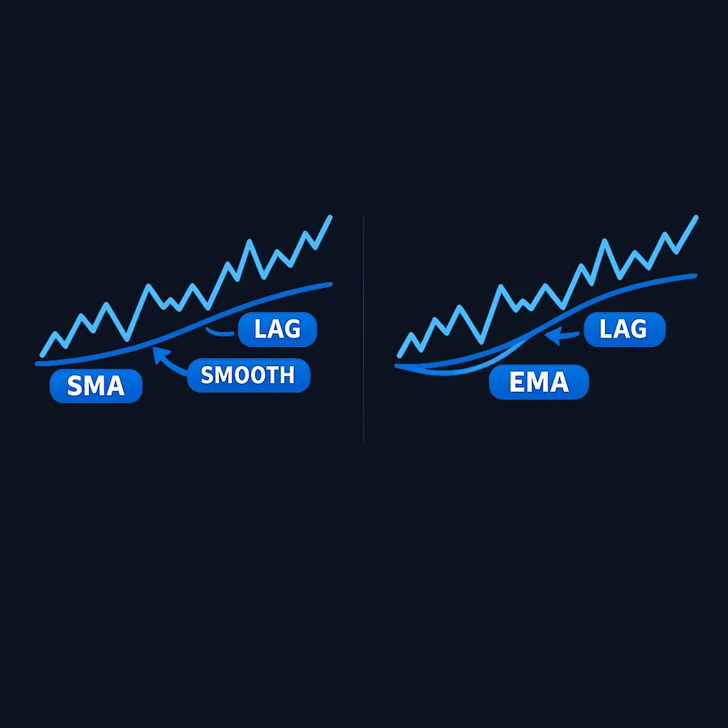Side-by-side comparison: both indicators lag behind price, but the SMA distributes lag evenly across its window (creating smoothness), while the EMA concentrates memory on recent data (creating faster response). Neither eliminates lag—they redistribute it.