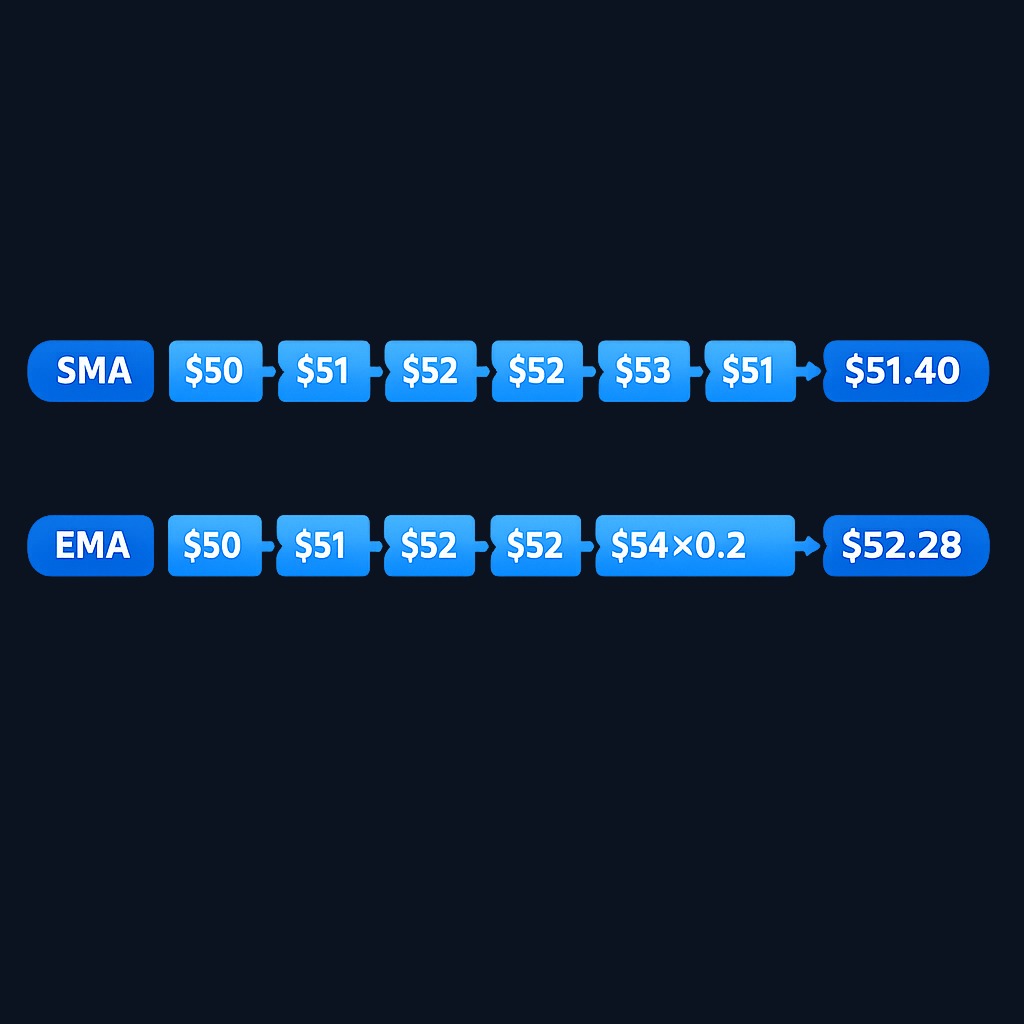 Worked example with six days of data: Starting from the same five closes ($50–$53), both averages begin at $51.40. After a jump to $54, the SMA moves to $52.20 while the EMA reaches $52.28. The EMA's heavier weighting of the newest price ($54) causes it to rise faster, demonstrating the core behavioral difference.