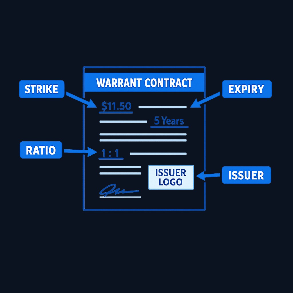 The four defining terms of any stock warrant: exercise price (what you pay per share), expiration date (deadline to use it), conversion ratio (warrants needed per share), and the issuing company.