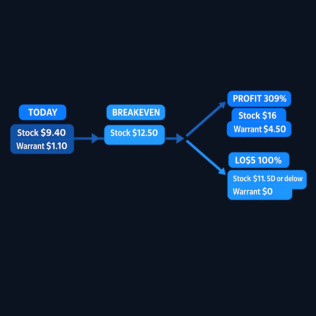 Copper Kettle example: buying the warrant at $1.10 when stock is $9.40. At $16 stock price, the warrant delivers $4.50 profit (309% gain). Below $11.50 strike at expiry, the warrant becomes worthless (100% loss).