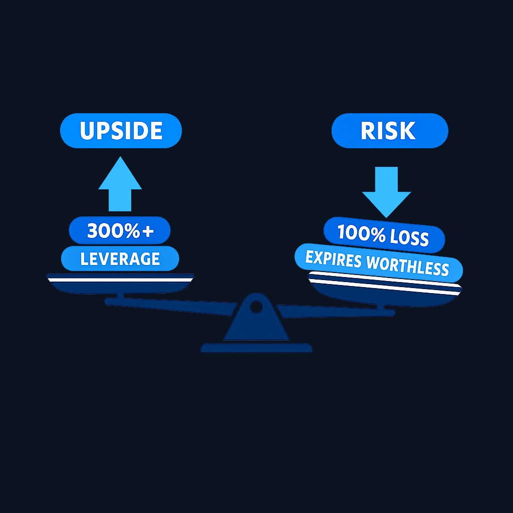 Warrant risk-reward asymmetry: upside can deliver multiples of stock gains through leverage, but downside means complete loss of the warrant premium if the stock finishes out-of-the-money at expiration.