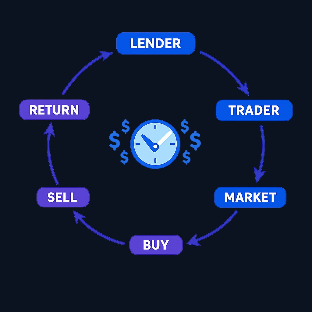 The short-sale cycle: borrow shares from a lender → sell to market buyer → price (hopefully) drops → buy back cheaper shares → return to lender. The borrow fee accrues throughout the entire holding period.