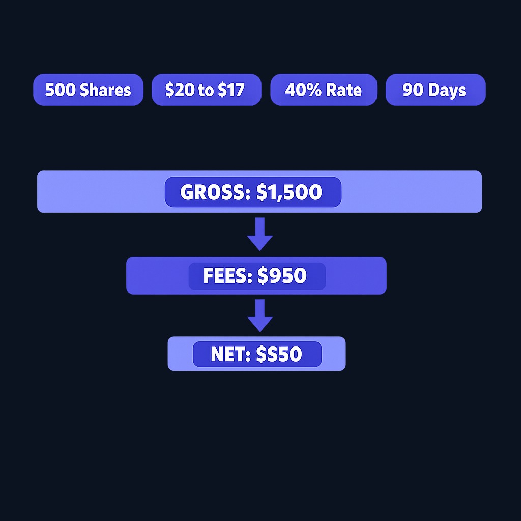 A winning thesis eaten by fees: the stock falls 15% as predicted, generating $1,500 gross profit. But high borrow fees (40% annual rate over