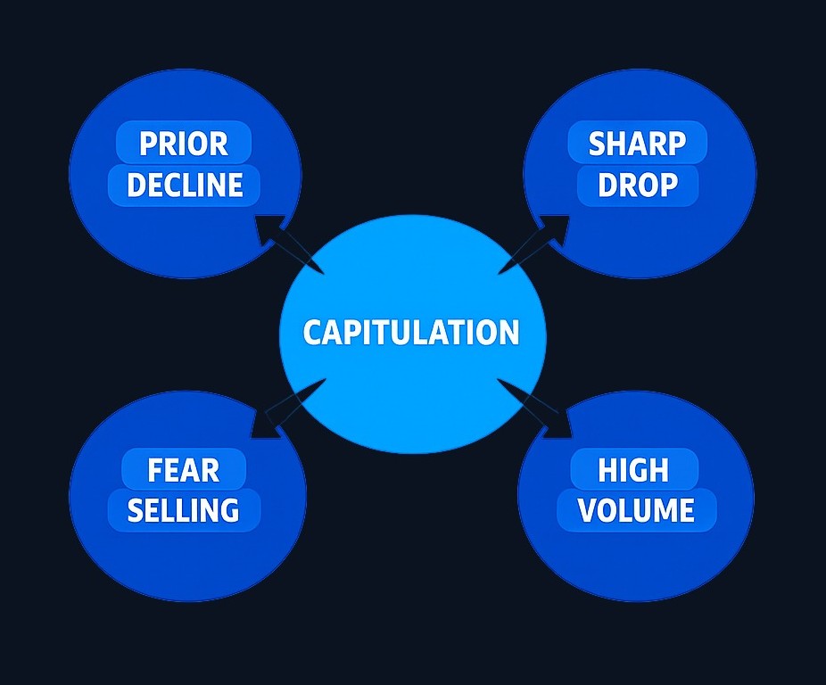 No single metric confirms capitulation. Analysts look for a combination: extended prior decline, sharp new drop, unusually high volume,