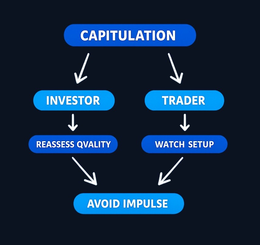 Your response to capitulation should match your role and goals. Long-term investors reassess quality and valuation. Traders watch for