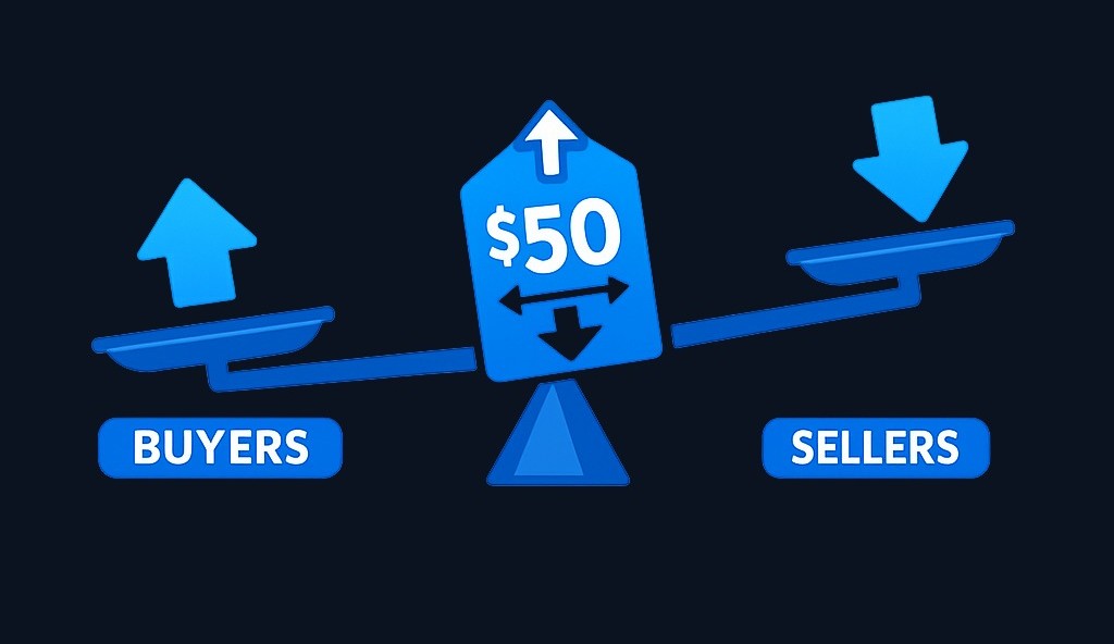 Stock prices rise when more investors want to buy than sell at the current price. When more want to sell than buy, prices fall. This supply-