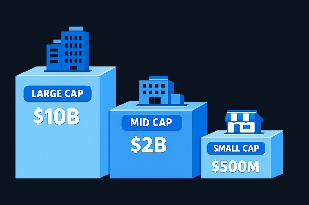 Market capitalization (market cap) measures company size by multiplying share price by total shares outstanding. A company with 10