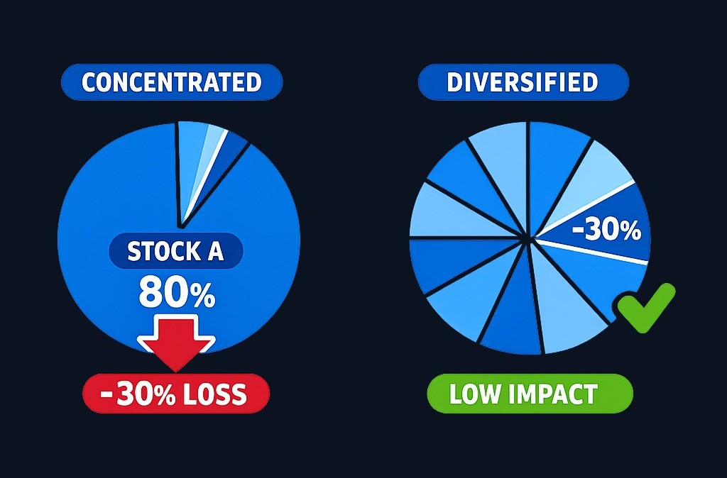 Concentration means putting most of your money into one or a few stocks. If that stock falls 30%, your portfolio could lose nearly 30%.