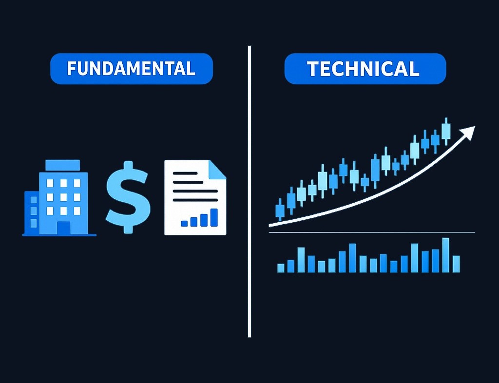Fundamental analysis examines business health and value. Technical analysis examines price patterns and trends. Both answer different
