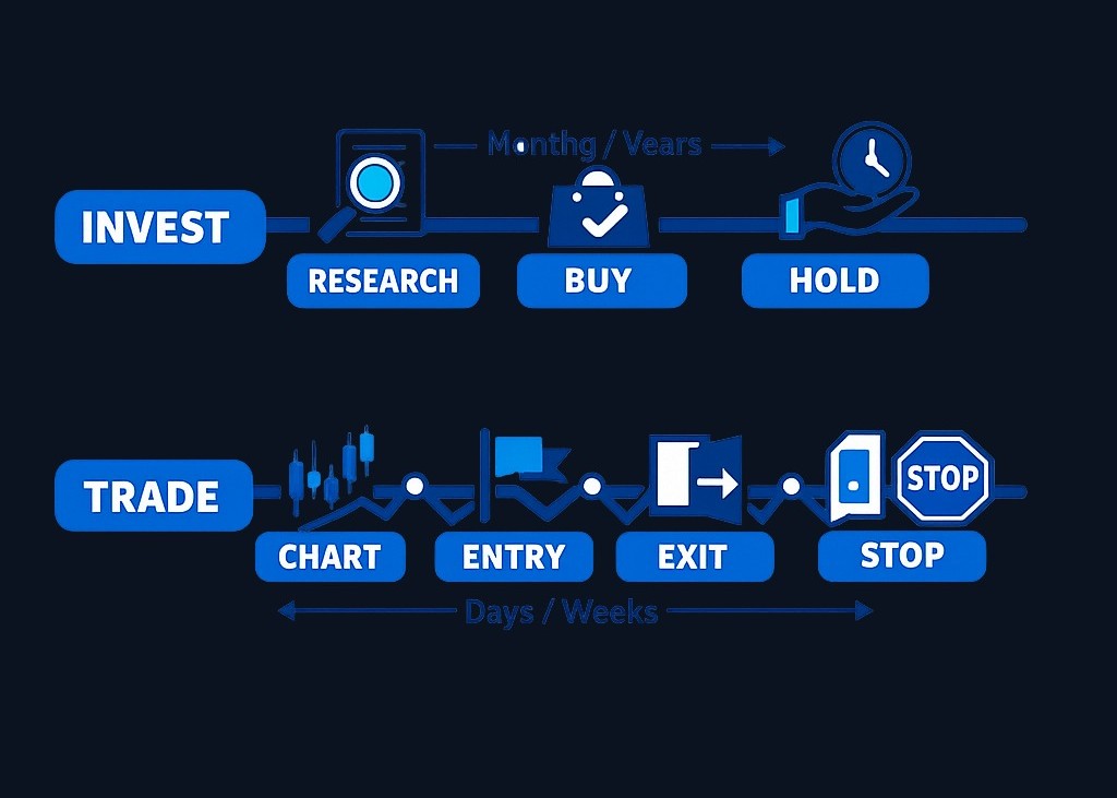 Investing and trading use different timeframes and decision processes. A beginner course should clarify which path you're learning before