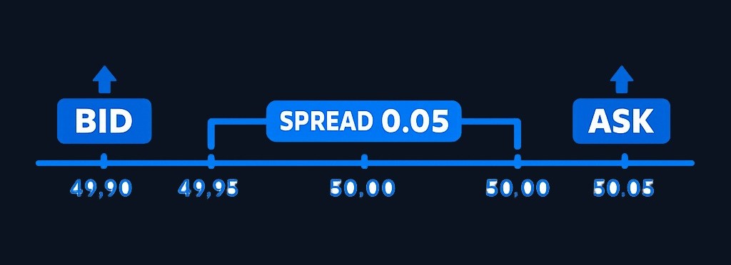 The bid-ask spread is the gap between the highest buy price and lowest sell price. A market buy order seeks the ask; a market sell order