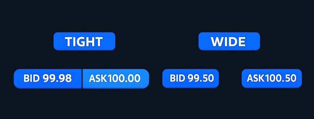 Tight spreads mean bid and ask are close together; wide spreads create a larger gap. Wide spreads increase the cost of immediate