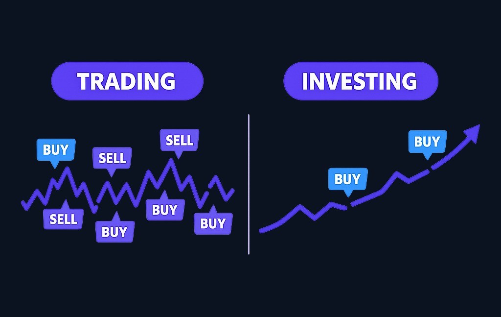 Trading focuses on short-term price movements with active entries and exits, while investing typically involves holding positions longer with less frequent timing decisions. Both carry risk of loss.