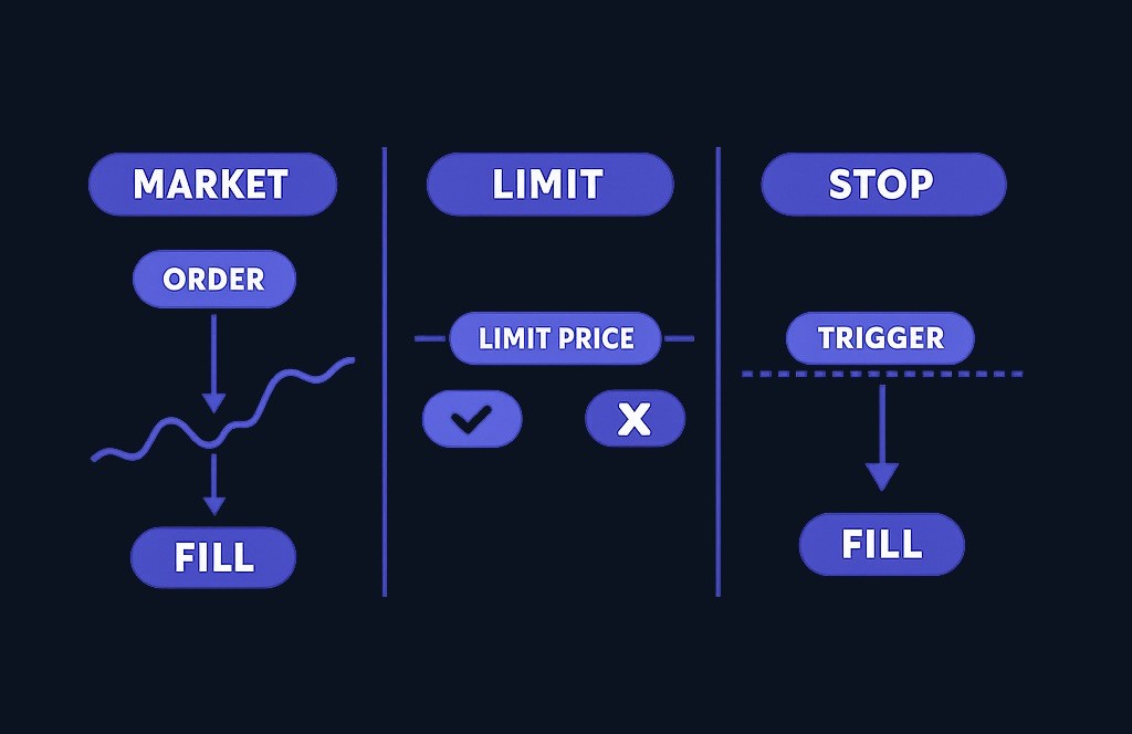 Market orders prioritize speed and may execute at varying prices. Limit orders set a price boundary but may not fill. Stop orders activate