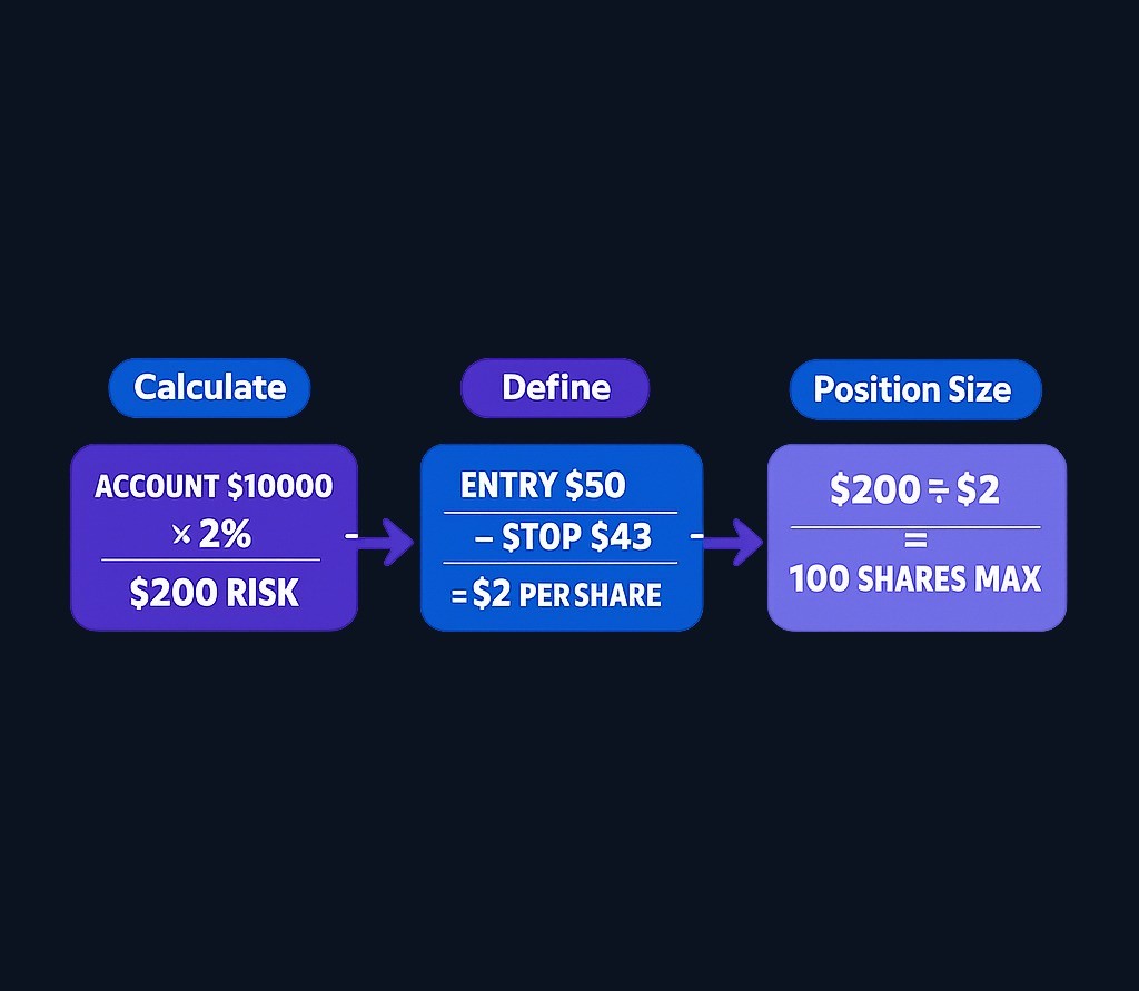Example: With a $10,000 account, 2% risk ($200), entry at $50, and stop at $48 (risk per share = $2), the maximum position is 100 shares. This framework helps translate risk tolerance into trade size, though actual losses may vary.