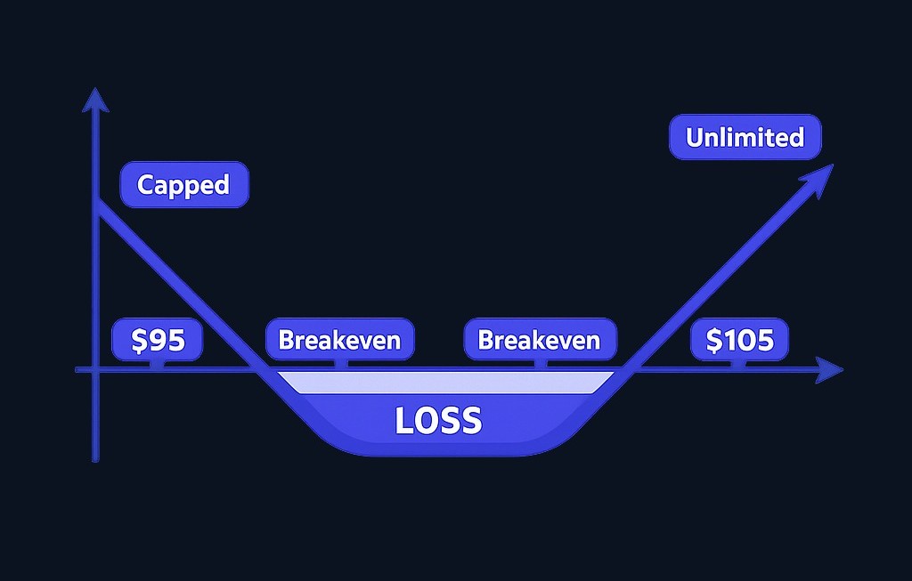 Long strangle payoff at expiration: maximum loss (the premium paid) occurs between the two strikes. Profit grows as price moves beyond