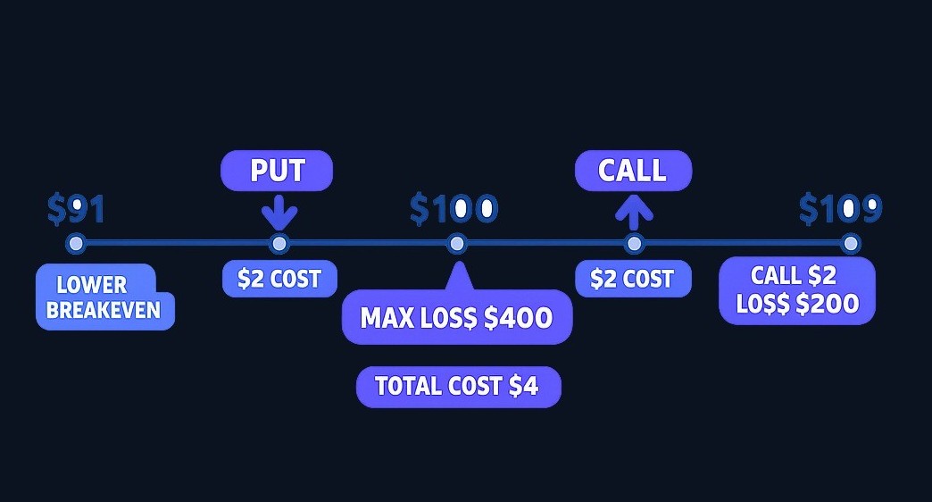 Example: stock at $100, buy $105 call for $2 and $95 put for $2. Total cost $400. Upper breakeven $109, lower breakeven $91. Maximum loss $400 if stock stays between $95–$105. At $107, call worth $2, position shows partial loss.