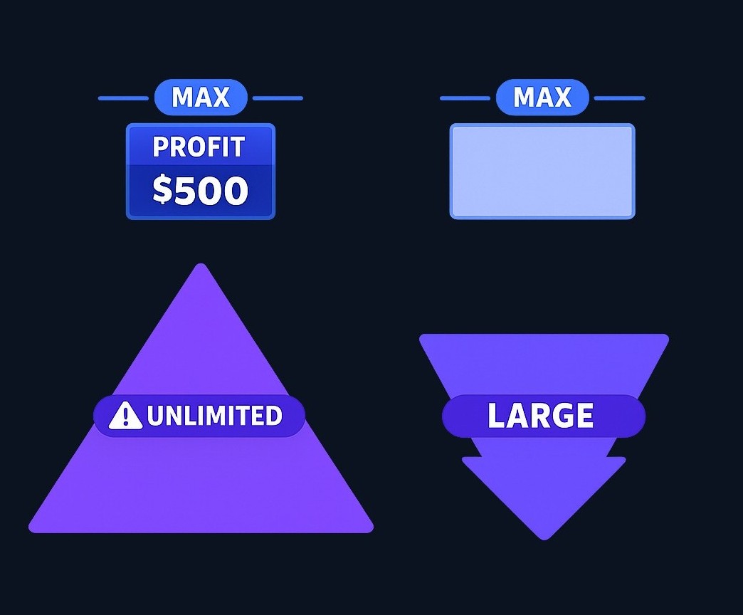 Short strangle risk profile: maximum profit is the small credit collected (fixed). Maximum loss is undefined on the upside (theoretically