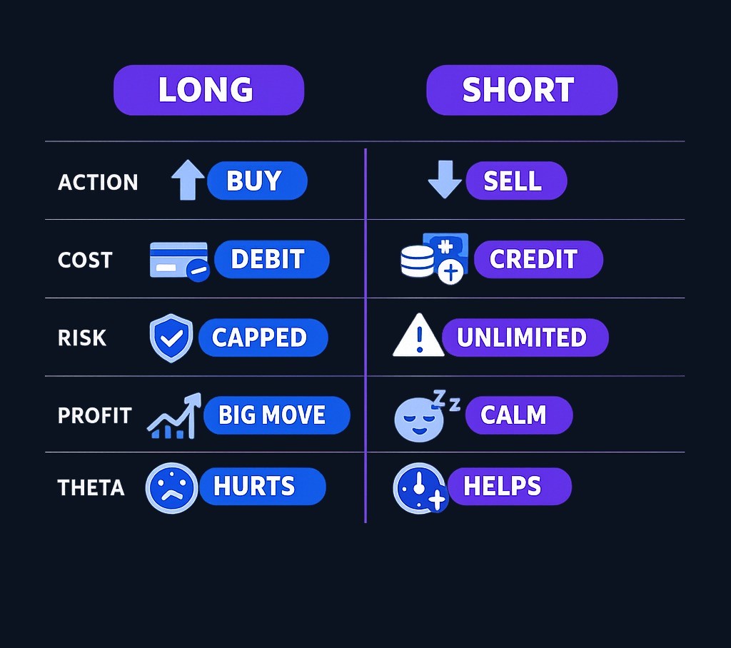 Long strangle: buy options, pay premium, defined risk, profit from big moves, hurt by time and low volatility. Short strangle: sell options,