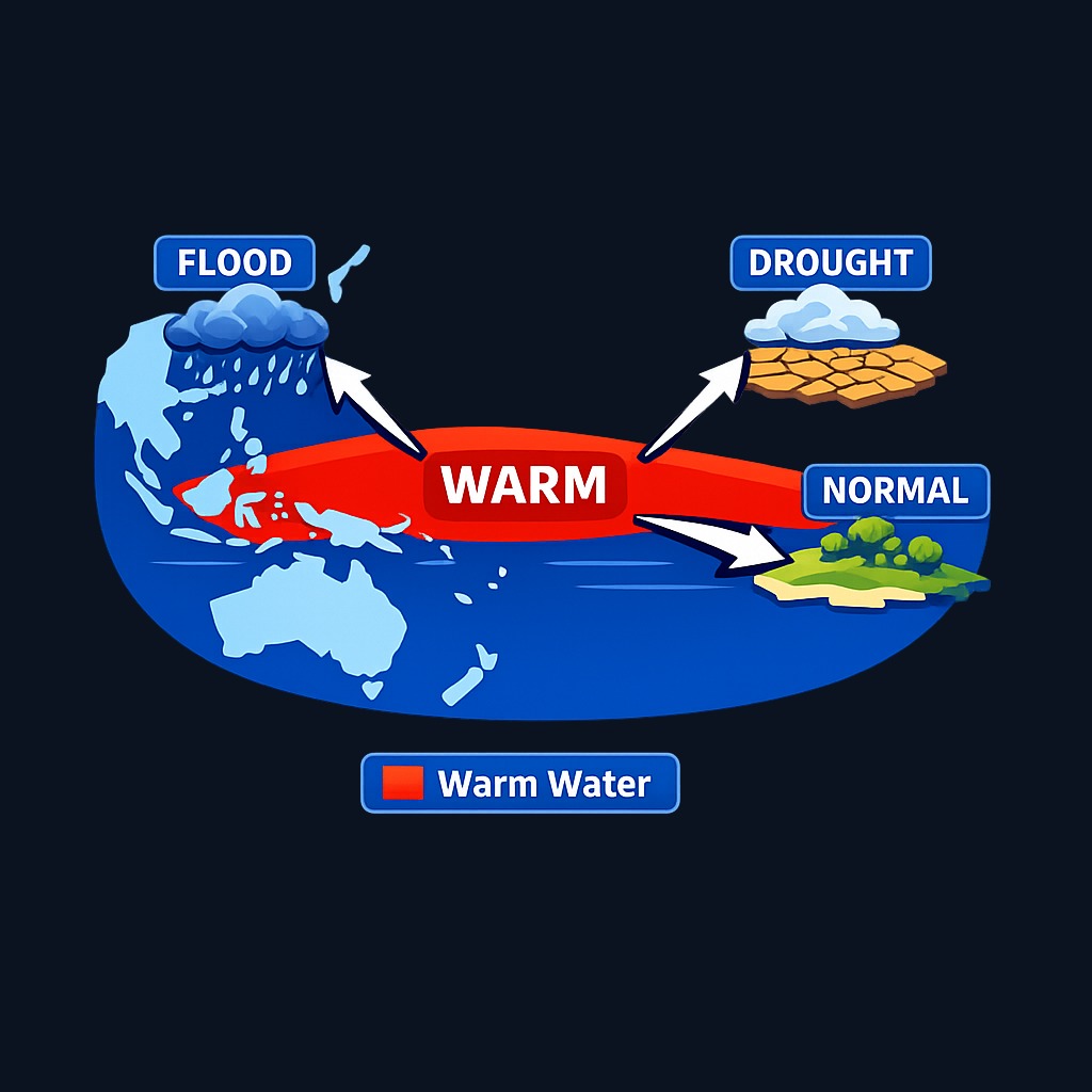 El Niño occurs when warm water spreads across the Pacific, shifting rainfall patterns globally. Some regions flood while others face drought,