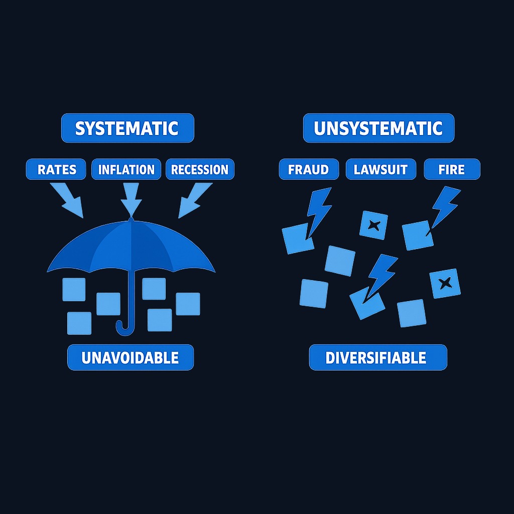 The fundamental split: systematic risk affects the entire market and cannot be diversified away, while unsystematic risk is company-specific and can be eliminated through diversification.