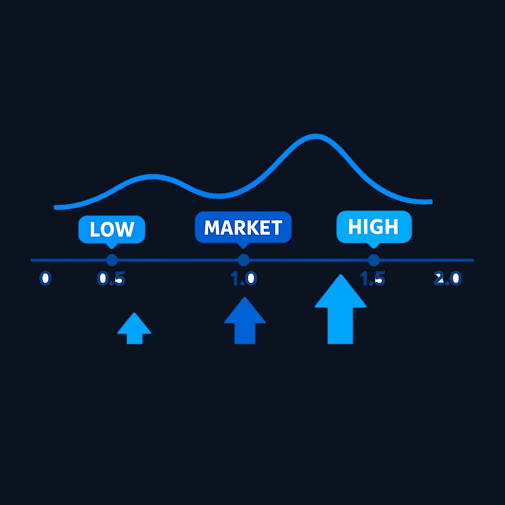 Beta measures how strongly a stock moves with the overall market. Beta above 1 amplifies market swings; beta below 1 dampens them. A