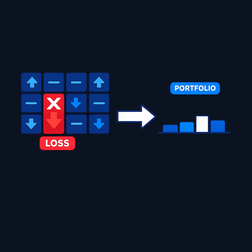 When one company fails, others continue independently. A diversified portfolio of 30 stocks might see one lose 50% (a 1.7% total portfolio