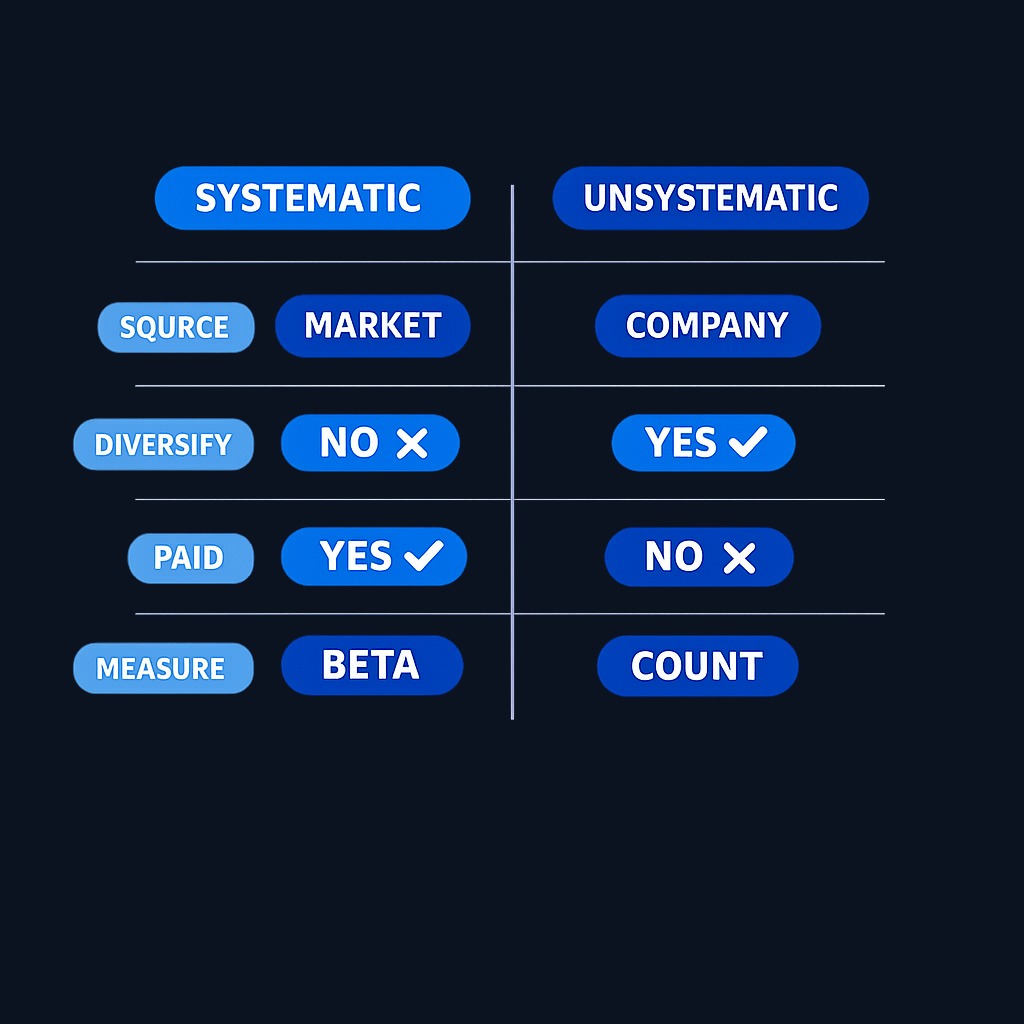 The critical distinction: systematic risk cannot be diversified away and earns a risk premium, while unsystematic risk can be eliminated through diversification and offers no compensation.
