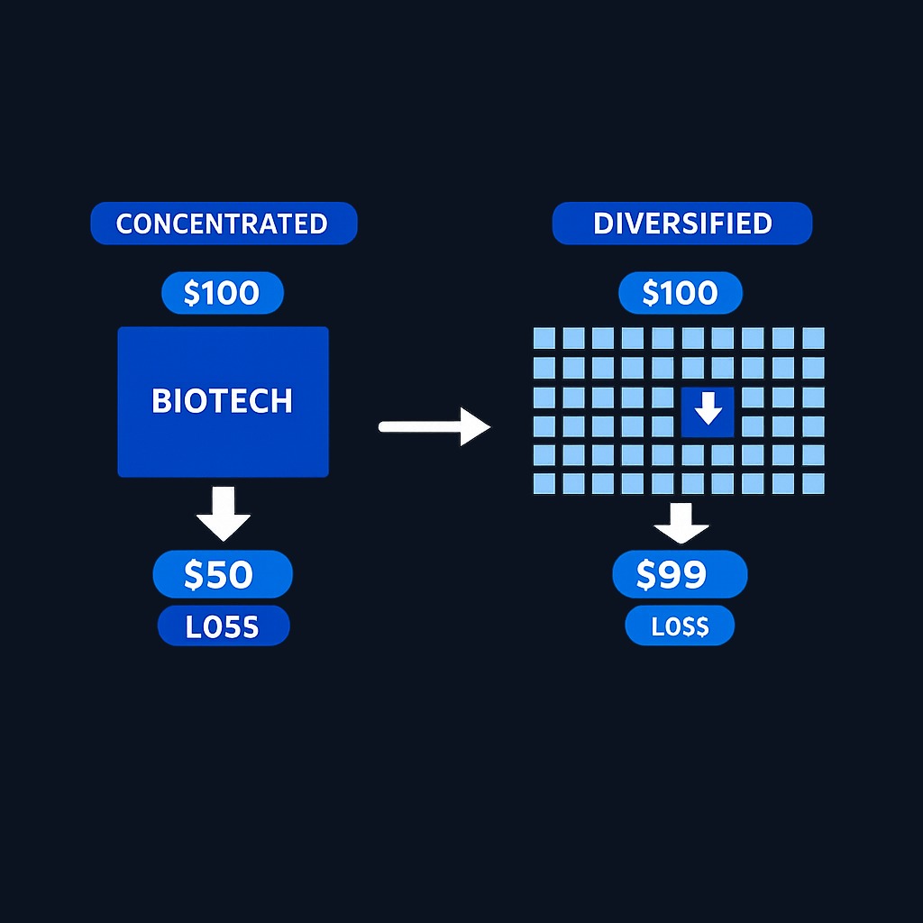 Real-world example: A biotech stock drops 50% on failed trial results. In a concentrated portfolio (100% in that stock), you lose 50%. In a