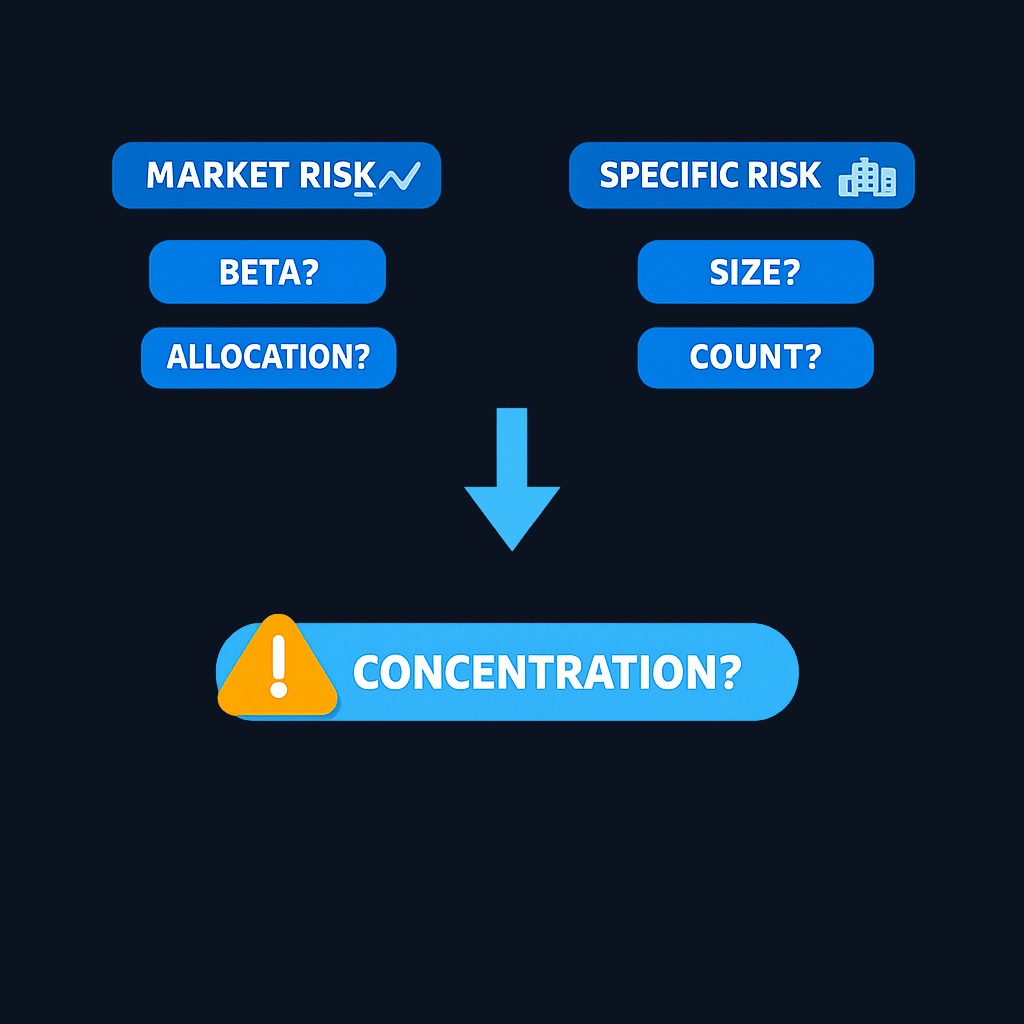 Conduct a two-layer risk check for each holding: How much would a broad market decline hurt it (systematic)? How much could a company-