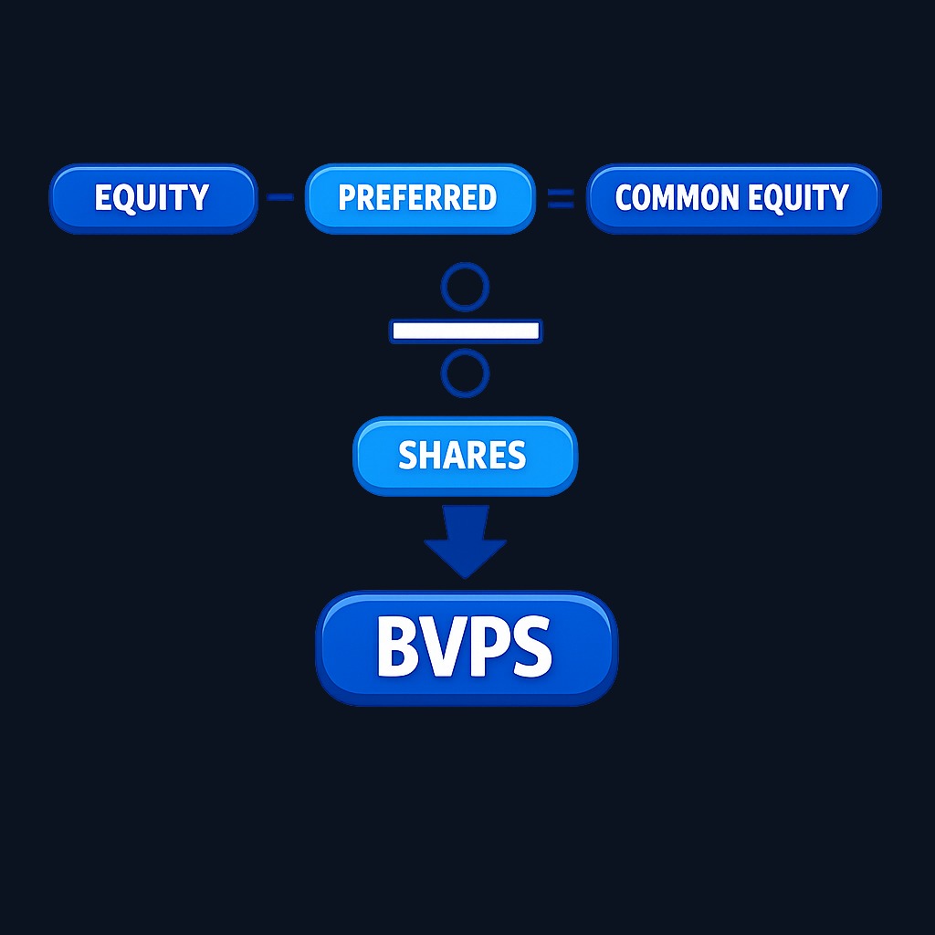 Book value per share isolates the common equity claim: total equity minus preferred shareholders' stake, divided by the number of common shares.