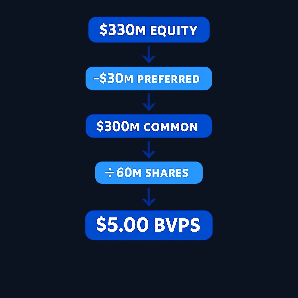 Ridgeline's $330 million total equity minus $30 million preferred leaves $300 million for common shareholders. Divided by 60 million shares, each share represents $5.00 of book value.