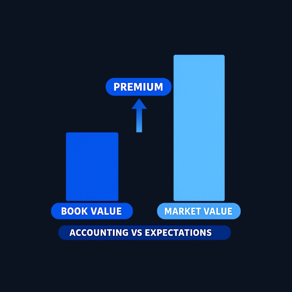The distance between book value (what accountants record) and market value (what investors pay) captures expectations, intangibles, and future earnings power that balance sheets cannot measure.