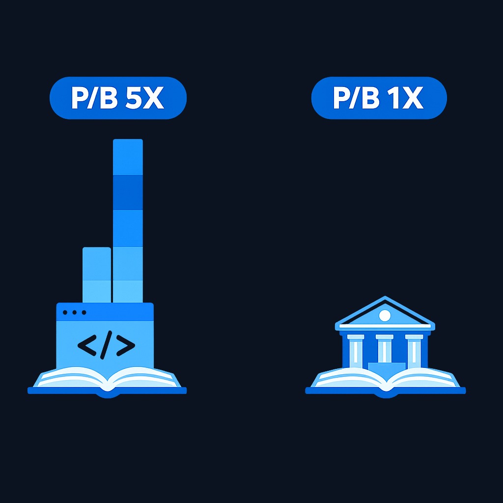 Software companies trade at high multiples of book because their key assets—code, people, networks—do not appear on balance sheets. Banks cluster near book value because loans and securities are already marked close to market.