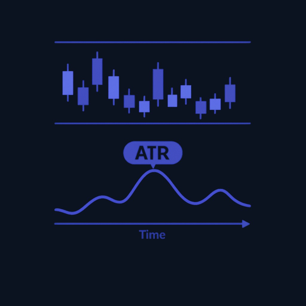The ATR plots as a line below the price chart. When price bars expand, the ATR line rises; when the market quiets, it falls. The indicator measures range size, not direction.