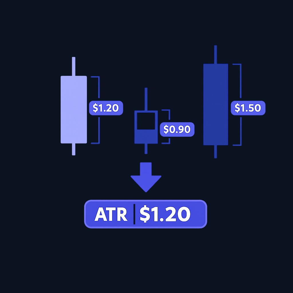 Example: Three bars with true ranges of $1.20, $0.90, and $1.50 produce a simple 3-period ATR of $1.20. On a $60 stock, that's roughly a 2% typical move per bar.