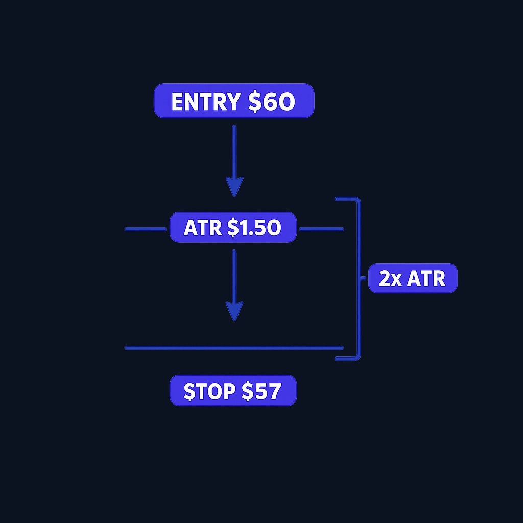 Setting a stop 2× ATR below entry adapts to market conditions. If ATR is $1.50 and entry is $60, the stop sits at $57. The same multiplier gives tighter stops in calm markets and wider stops when volatility expands.