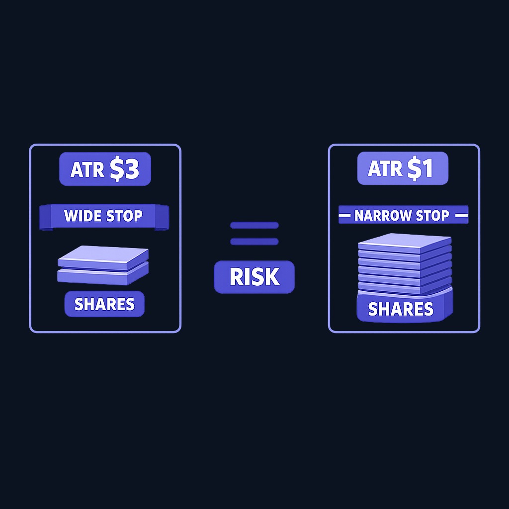 ATR-based sizing keeps dollar risk constant. A volatile stock with a wide ATR-based stop gets fewer shares; a calm stock with a tight stop gets more shares. Same risk, different position sizes.