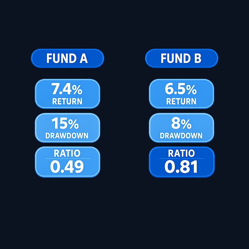 Fund A earned more (7.4% vs. 6.5%) but suffered a deeper drawdown (15% vs. 8%). Fund B's superior Calmar ratio (0.81 vs. 0.49) reveals it