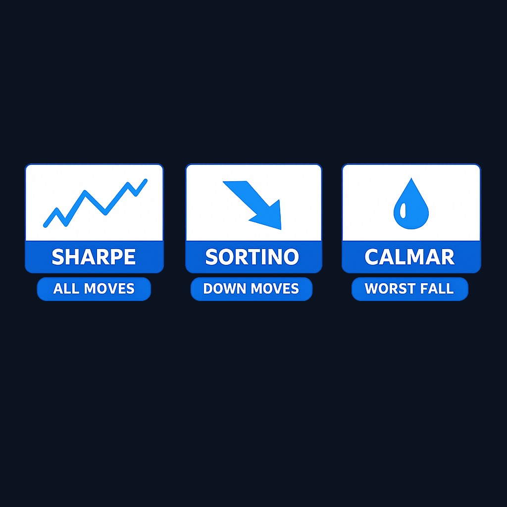 Three lenses on risk: Sharpe penalizes all volatility, Sortino focuses on downside moves, and Calmar isolates the single worst drawdown episode. Each tells a different story about the same strategy.