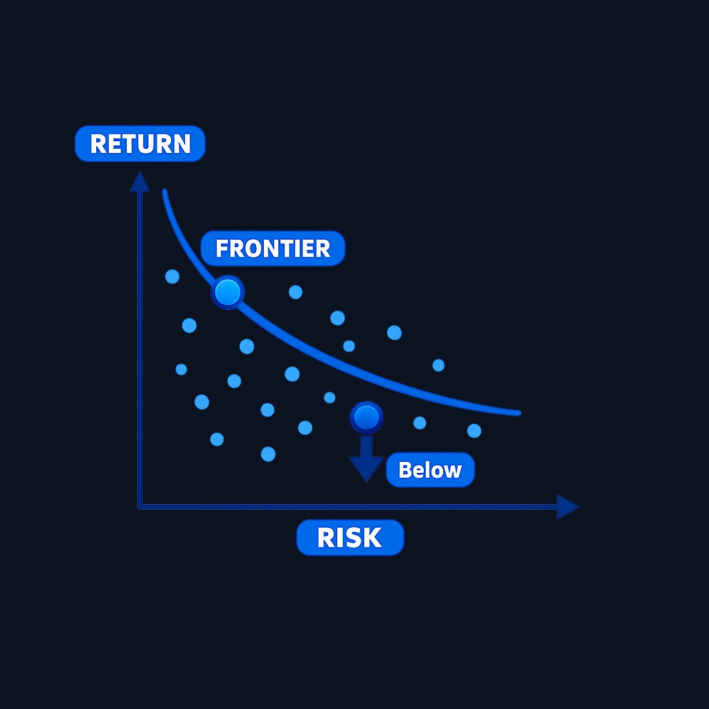 The efficient frontier is the curve formed by portfolios offering the highest expected return at each risk level. Portfolios below the curve are inefficient; nothing above is achievable with the chosen assets.