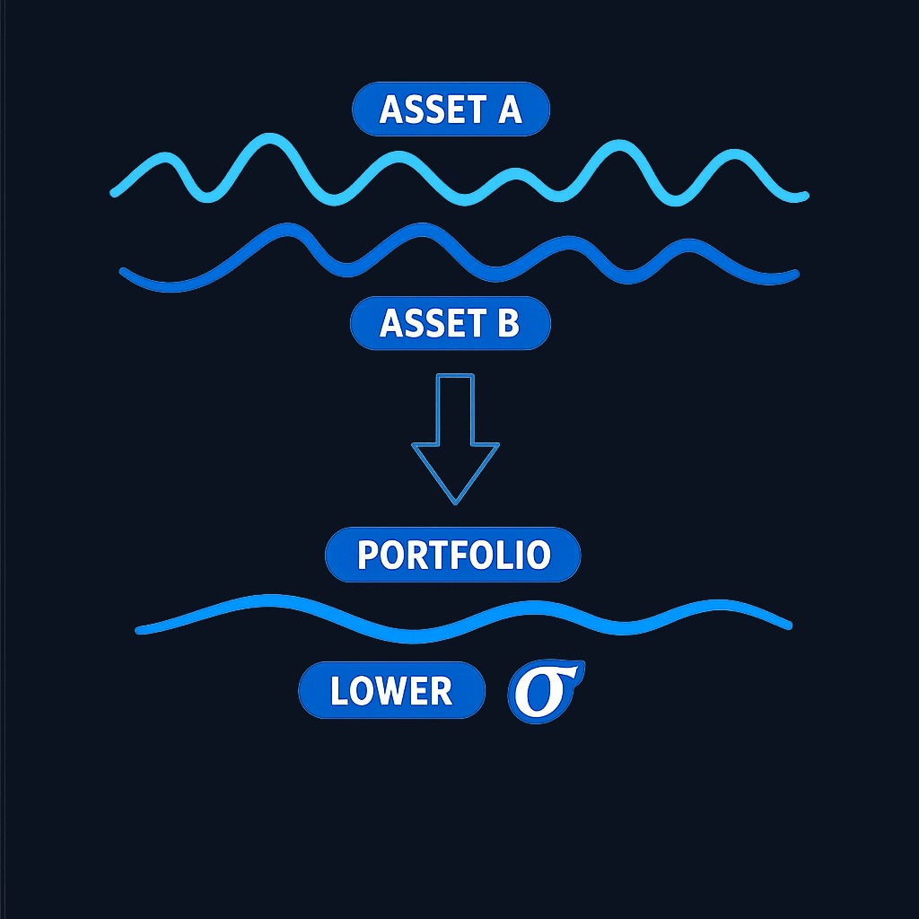When two assets are imperfectly correlated, combining them can reduce overall portfolio volatility. The diagram shows how combining Asset A and Asset B (which don't move in lockstep) produces a portfolio with lower risk than either asset alone at certain weights.