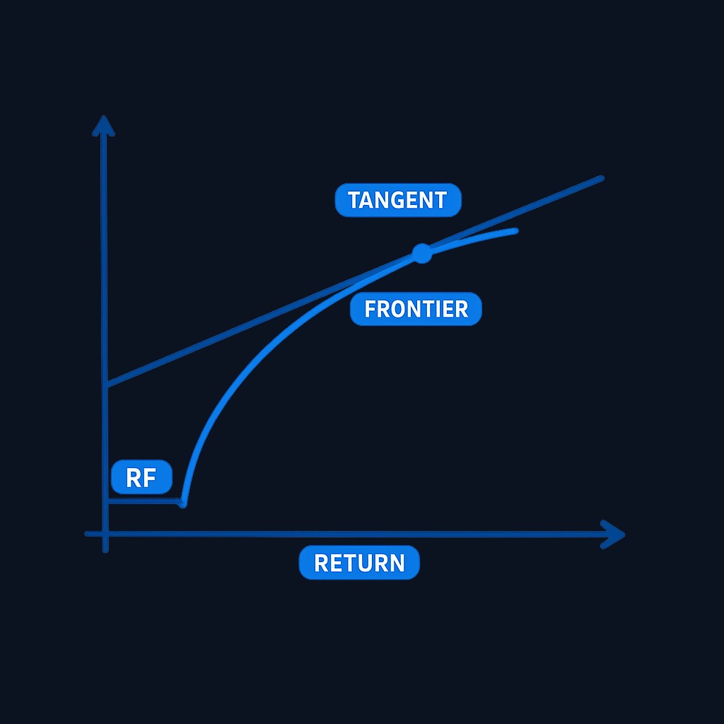 Adding a risk-free asset creates the Capital Allocation Line (CAL). The tangency portfolio—where the line touches the efficient frontier—represents the optimal risky portfolio with the highest risk-adjusted return (Sharpe ratio) under the model's assumptions.