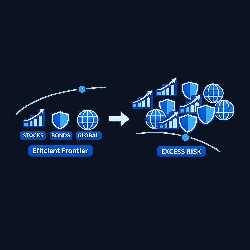 Most investors discover that combining three to five broadly diversified, low-correlation funds (such as domestic stocks, international stocks, and bonds) places them near the efficient frontier, while adding many similar assets increases risk without proportional return gains.