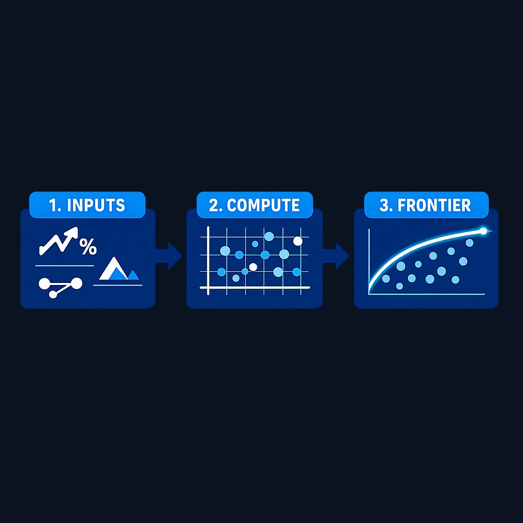 To construct an efficient frontier: (1) estimate expected return, volatility, and correlations for each asset; (2) calculate portfolio risk and return for many different weight combinations; (3) identify the combinations offering maximum return at each risk level—these form the frontier curve.